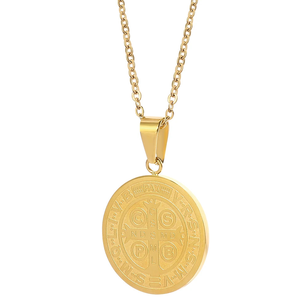 Catholic Saint Benedict Medallion Pendant Necklace Stainless Steel San Benito Collares Choker Women Men