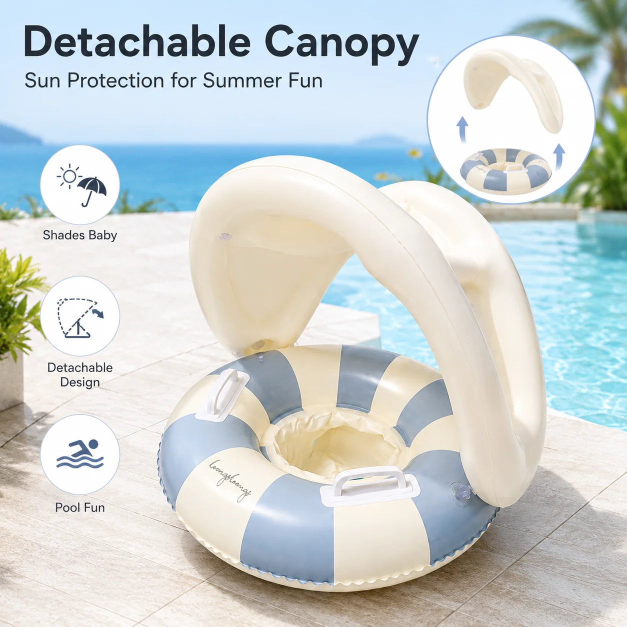 Baby Swim Ring Inflatable Summer Pool Float Seat with Canopy Sunshade Handles Cartoon Swimming Ring for Boys Girls Toddler 40lbs