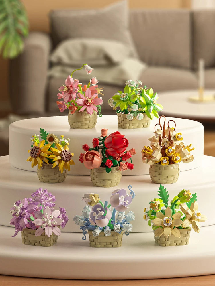 DIY MOC Potted Rose Sunflower Plants Succulents Bonsai Tree Gardens Romantic Building Blocks Model Bricks Kid Sets Kits Toy Girl