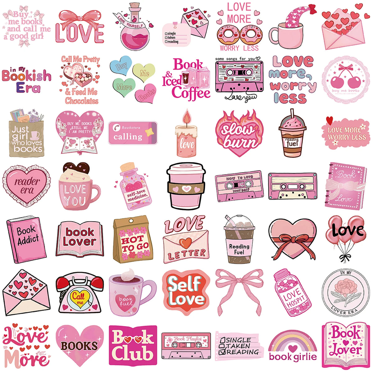 50pcs Pink Bookish Lover Inspirational Stickers Book Themed Decals for Notebooks Water Bottles Luggage Vinyl Stickers Pack
