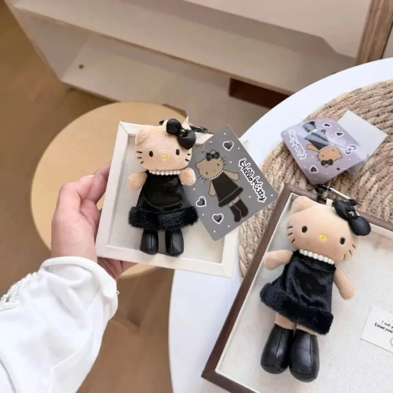 Fashion Mini 10CM Black Dress Hello Kitty Plush Doll Keyring  Long Legs Pearl Bow KT Heart  Bag Charm Cute Stuffed Pendant Decor