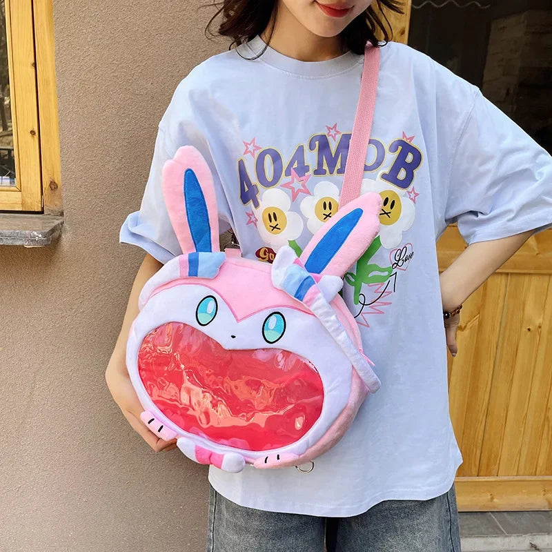 Lovely Sylveon Pink Plush Ita Backpack Clear Window Pin Badge Card Display Adjustable Strap Anime Shoulder Bag for Fans Gift