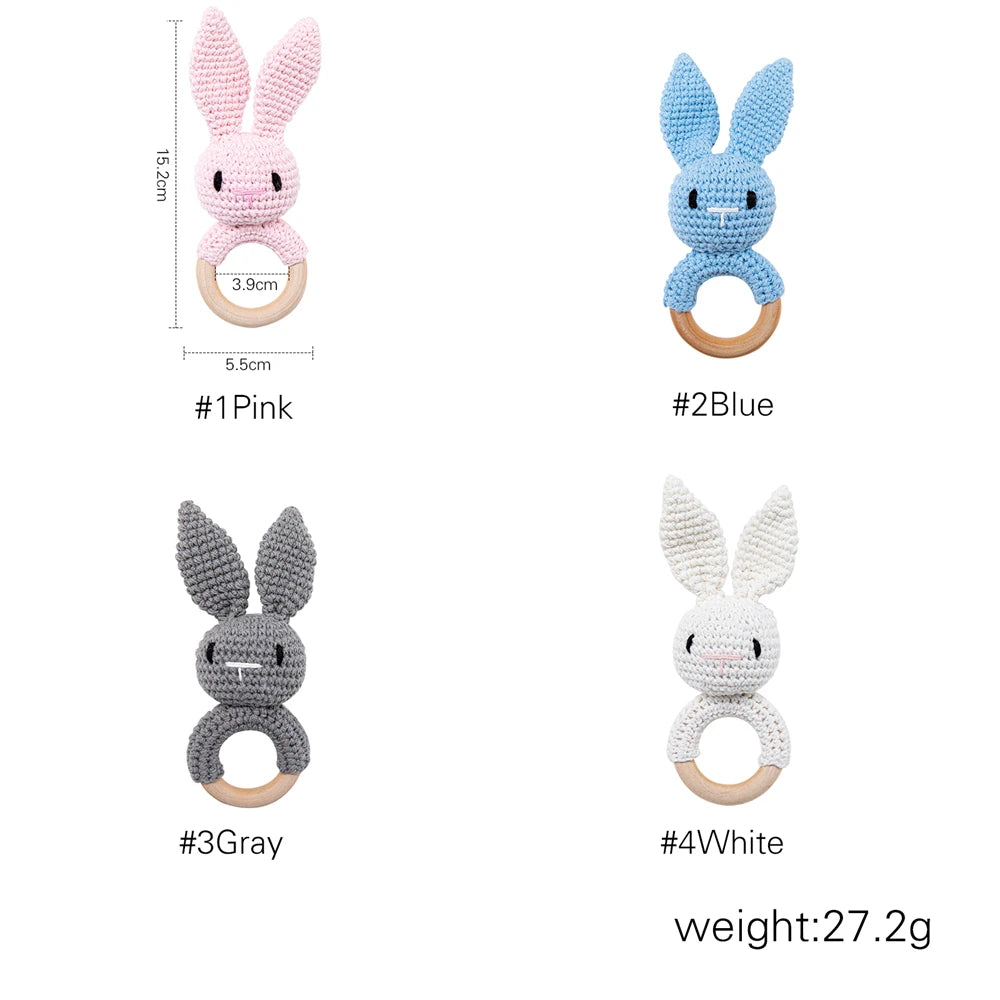 Handmade Crochet Baby Toys, Wooden Easter Bunny Rattle 0-12 Months, Four Color Rabbit Rattle Soft, New Born Baby Teething Toys