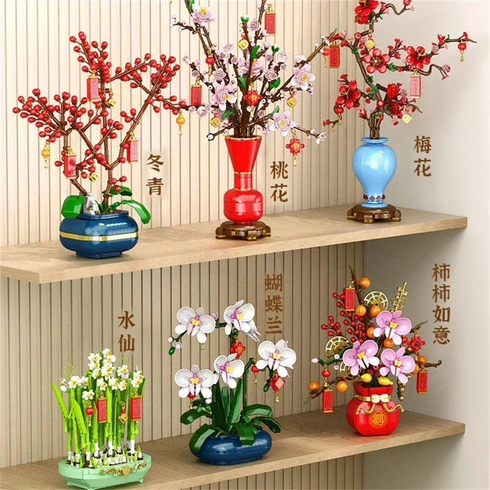 Creative City Bouquet, Peach Blossoms, Narcissus, Bonsai, Potted Plants, Building Block Models, Children's Home Decoration Toys
