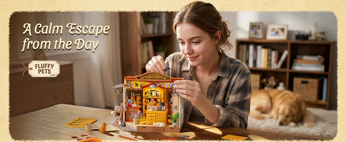 Rolife DIY Miniature House Kit Pet Store Dollhouse Wooden 3D Puzzle Model Building Kit with LED Light for Home Decor Suitable for Adults and Kids