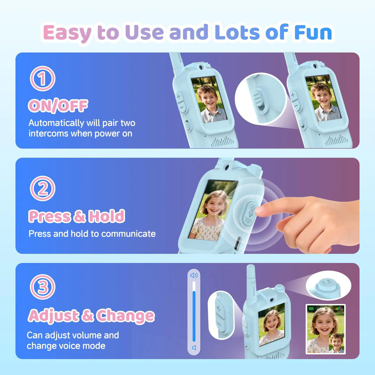 2 Pack Video Walkie Talkies for Kids Rechargeable Toddler Toys for Indoor Camping Travel Birthday Gfits for Kids Ages 3-12