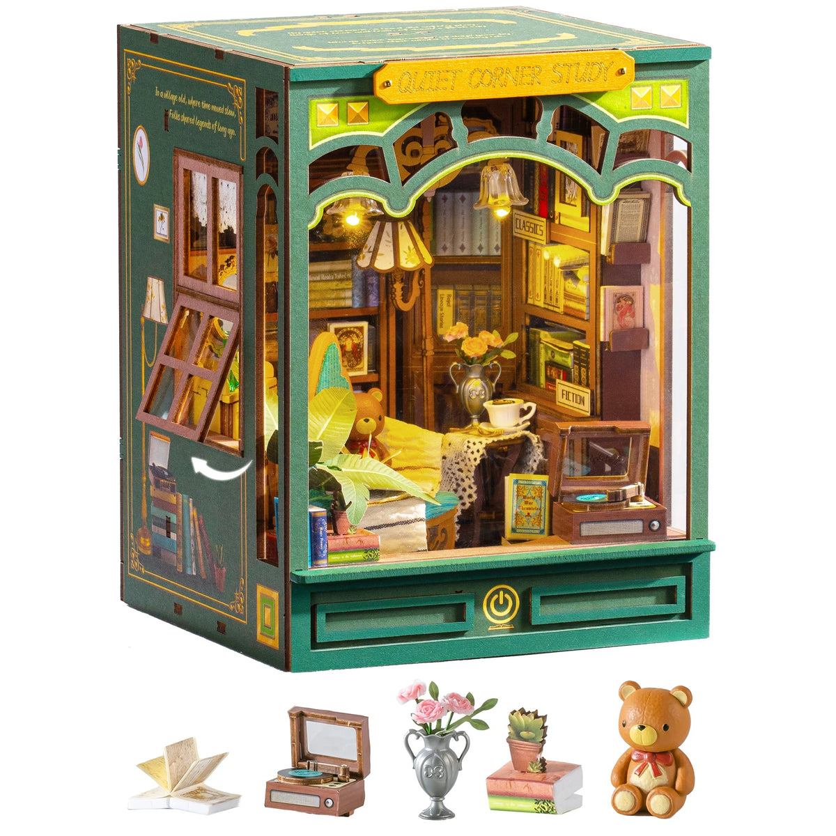 Rolife Quiet Corner Study DIY Book Nook Kit 185-piece 3D Puzzle Toys with Warm LED Light for Bookshelf Decor DIY Miniature House Molde Building Kit Gift for Book Lovers