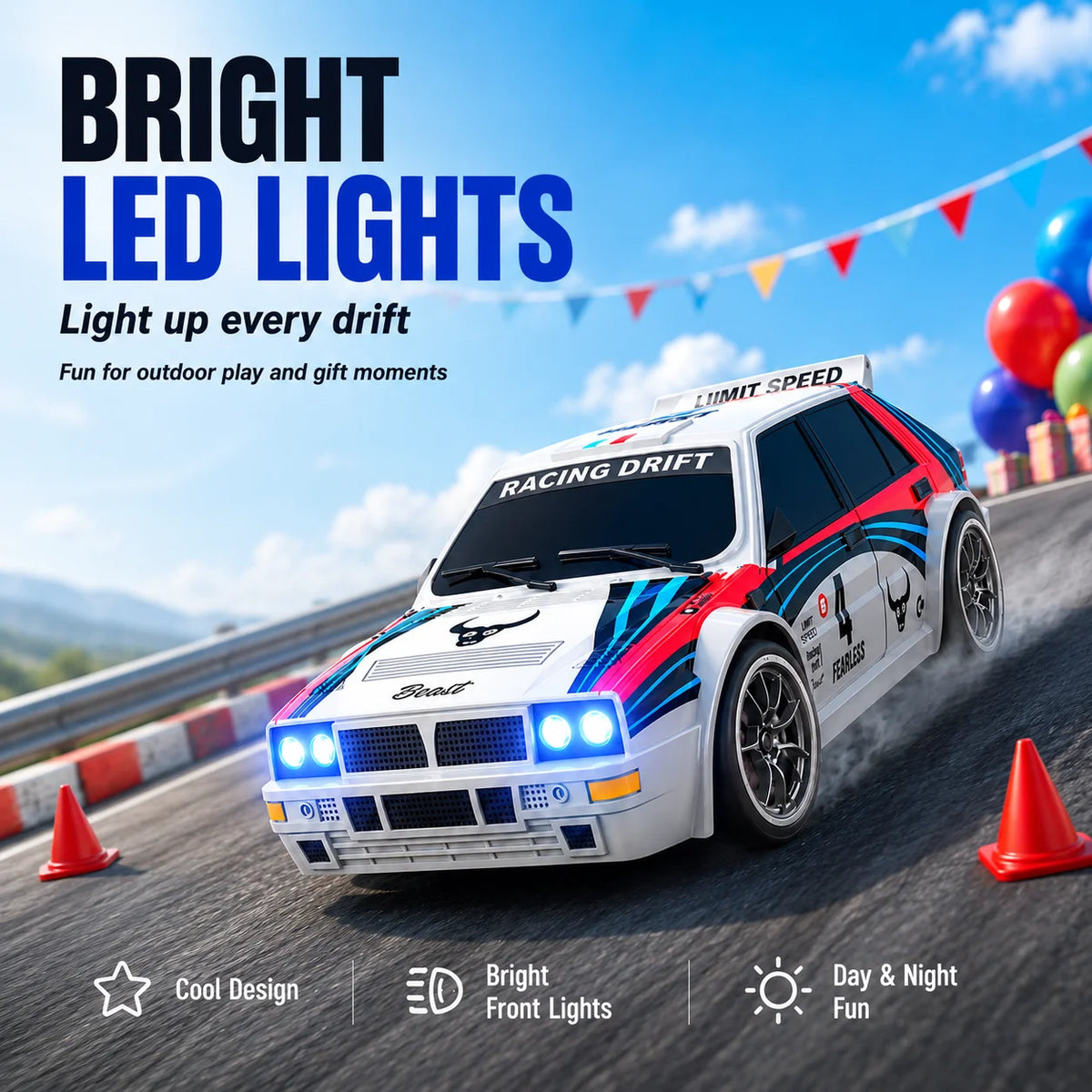 ZNLYRION RC Drifting Race Car 1:24 Scale 4 Wheel Drive 20km/h Adjustable High/Low Speed With Spare Drift Tires LED Headlight Taillight RC Toy For Boys Adult