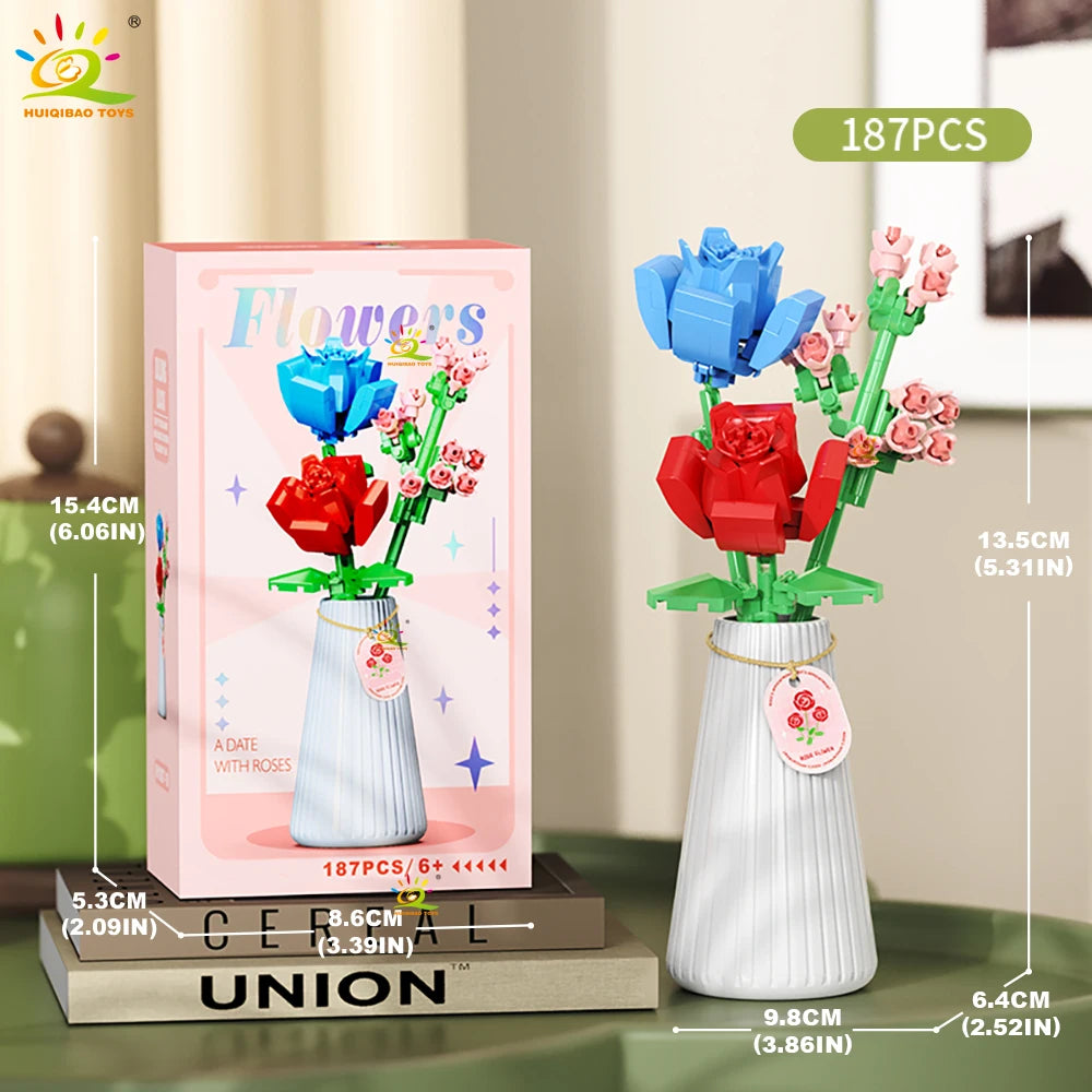 HUIQIBAO MOC Eternal Flower Bouquet with pot Micro Building Block Sunflower Rose Mini Model Brick Toy home Desk Decoration