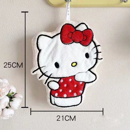 Kawaii Hallokitty & My Melody Hanging Hand Towel, Cartoon Hand Towel Water-Absorbent Coral Fleece Kitchen Bathroom Towel Gifts