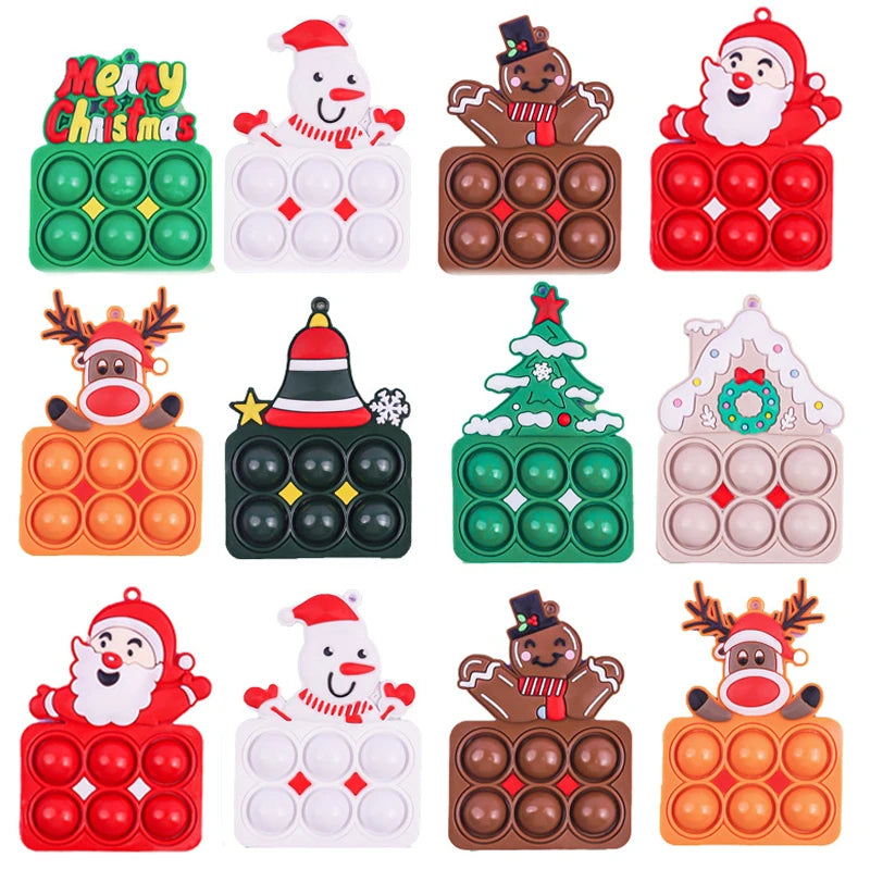 Christmas Keychain Fidget Toys Push Bubble Sensory Toys Santa Claus Elk Christmas Tree Keyrings for Kids Adult Christmas Gifts