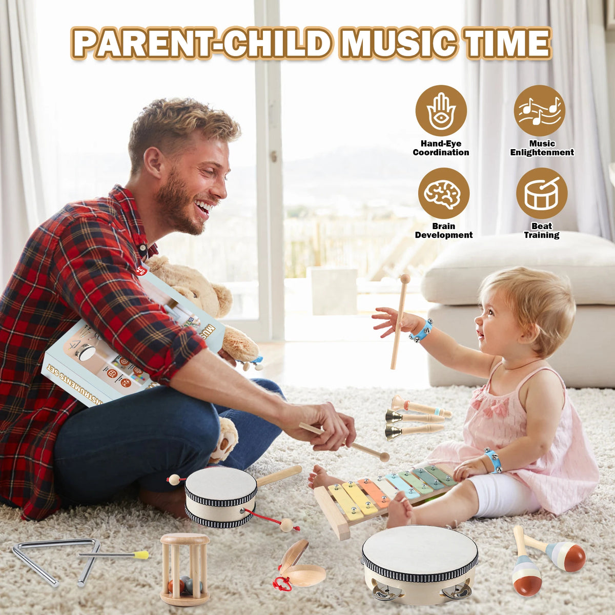11 in 1 Toddler Musical Instruments,Wooden Percussion Instruments Toy for Kids Baby Preschool Educational Musical Toys Set for B