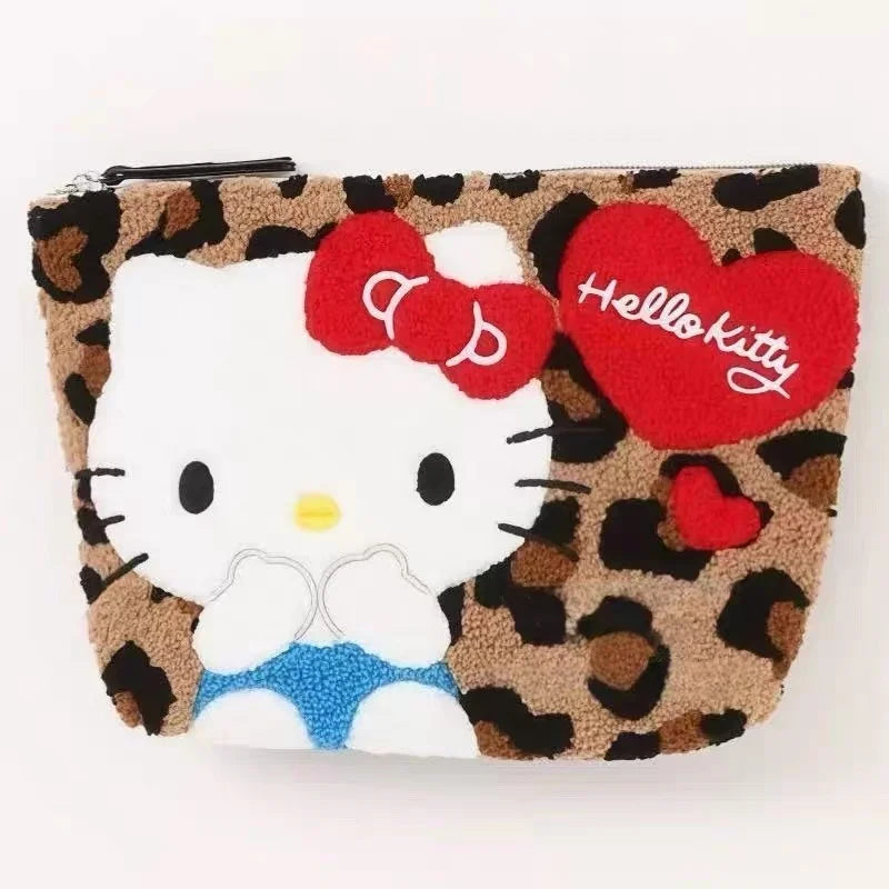 NEW Hello Kitty Leopard round Plush Storage Bag Black Leather Kitty cat Coin Wallet Makeup Travel Storage Large capacity BagGift