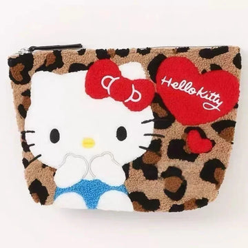 NEW Hello Kitty Leopard round Plush Storage Bag Black Leather Kitty cat Coin Wallet Makeup Travel Storage Large capacity BagGift