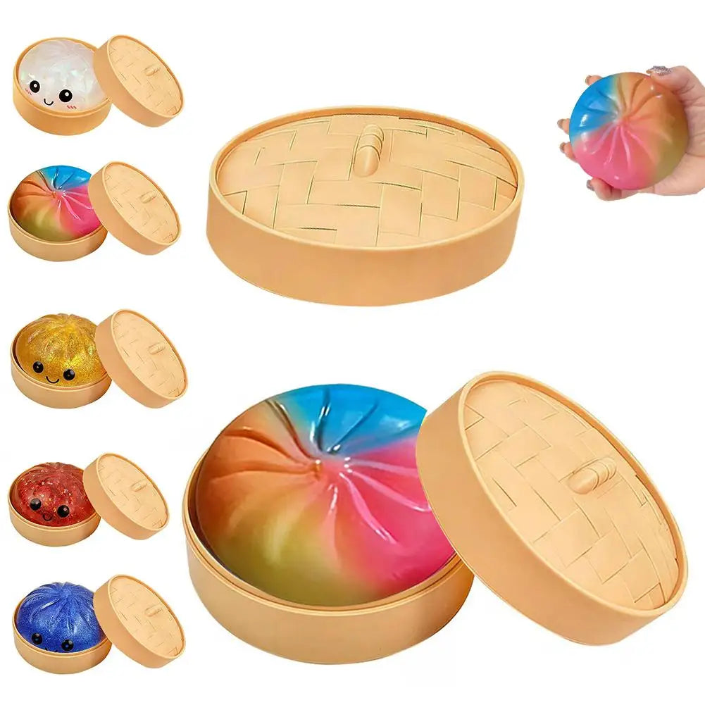 Glitter Dumpling Squishies Toys With Steamer Box Simulated Dough Adult And Child Squeeze Toys For Stress Relief Prank Props