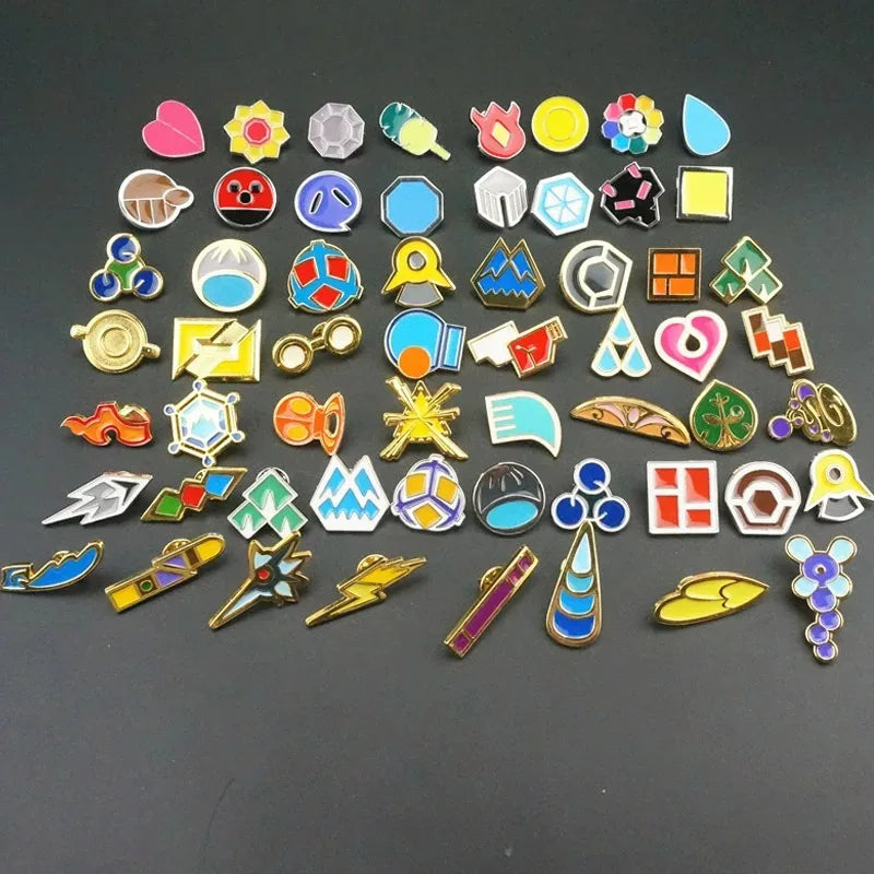 Pocket Monster Trainer Gym Badges Collection Kanto Johto Hoenn Unova Kalos Orange Islands Pins Brooches Toy for Collectors