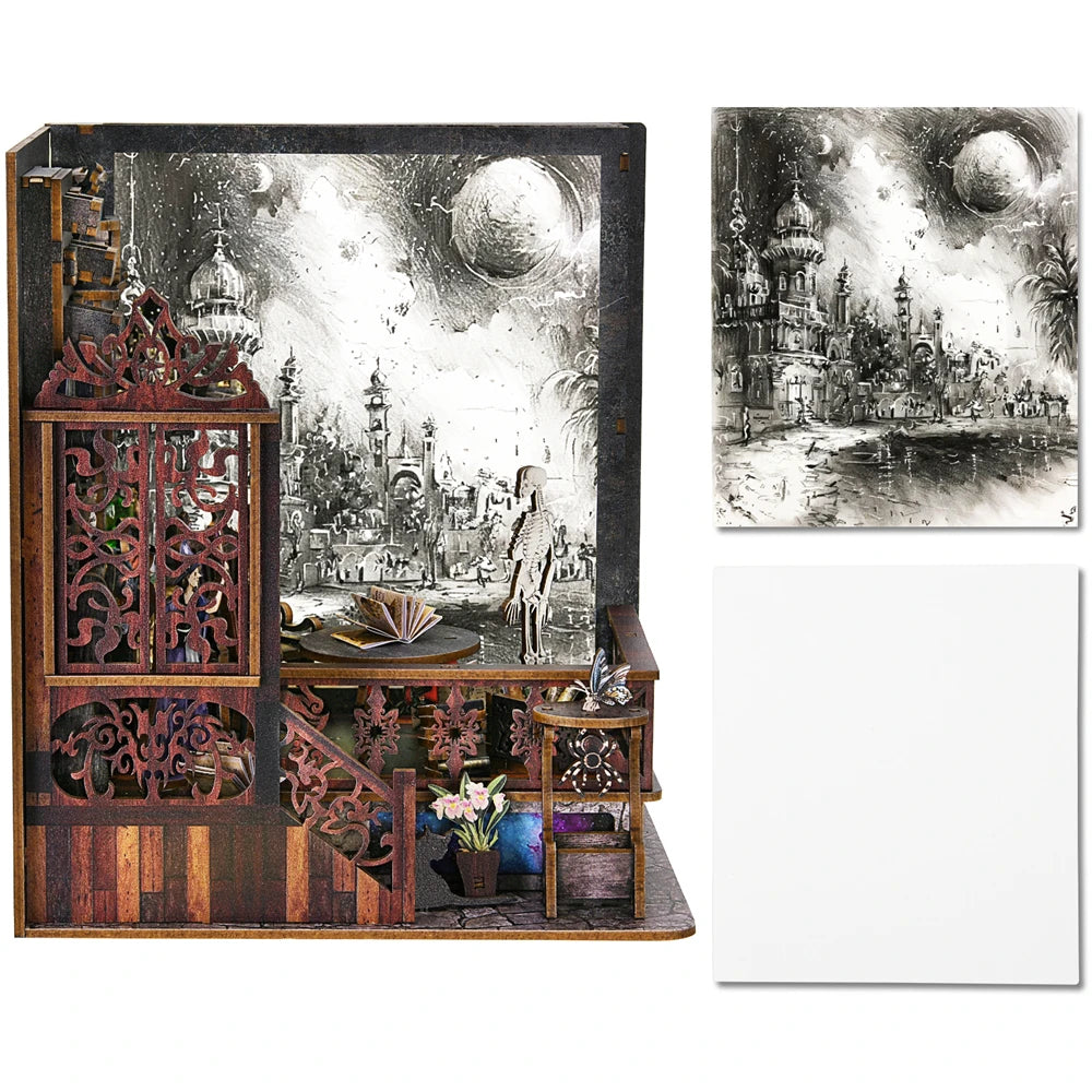 Book Nook Kit Magic Town DIY Wooden Puzzle Light Picture Bookshelf Insert Decor Dollhouse Model Bookend Building Home Decoration