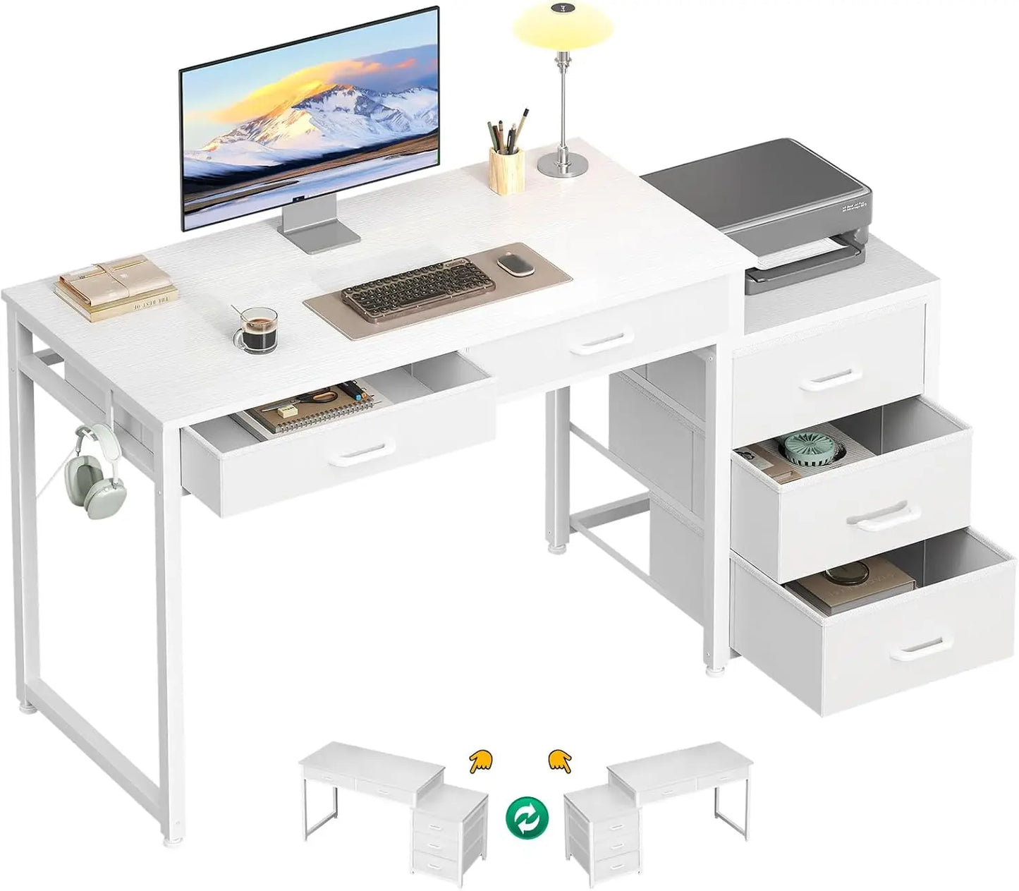 53 Inch White Computer Desk 5 Drawers Kids Study Desk Vanity Table for Girls Dressing Room Bedroom Home Office ODK