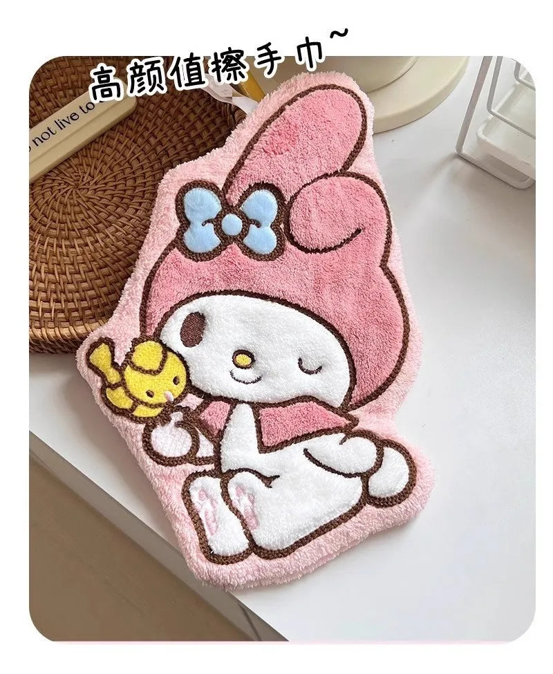 Kawaii Hallokitty & My Melody Hanging Hand Towel, Cartoon Hand Towel Water-Absorbent Coral Fleece Kitchen Bathroom Towel Gifts