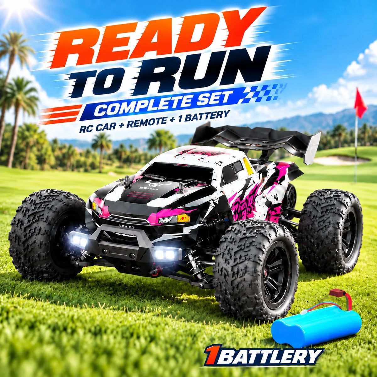 ZNLYRION 4WD Brushless RC Off-Road Monster Truck 2.4GHz 3-Speed Adjustable Remote Control Car with LED Headlights, All Terrain Big Tire Hobby RC Vehicle 2 Rechargeable Batteries RTR Toy for Adults Teens