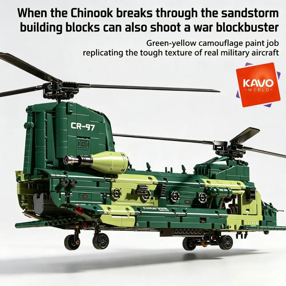 KAVOWORLD Tandem Rotor Helicopter Building Blocks 1826pcs Heavy Transport Army Aircraft Construction Bricks Model Chinook Chopper Building Kit Helicopter Toy Airplane Brick Set Rotating Propellers Cargo Ramp Rollable Wheels D
