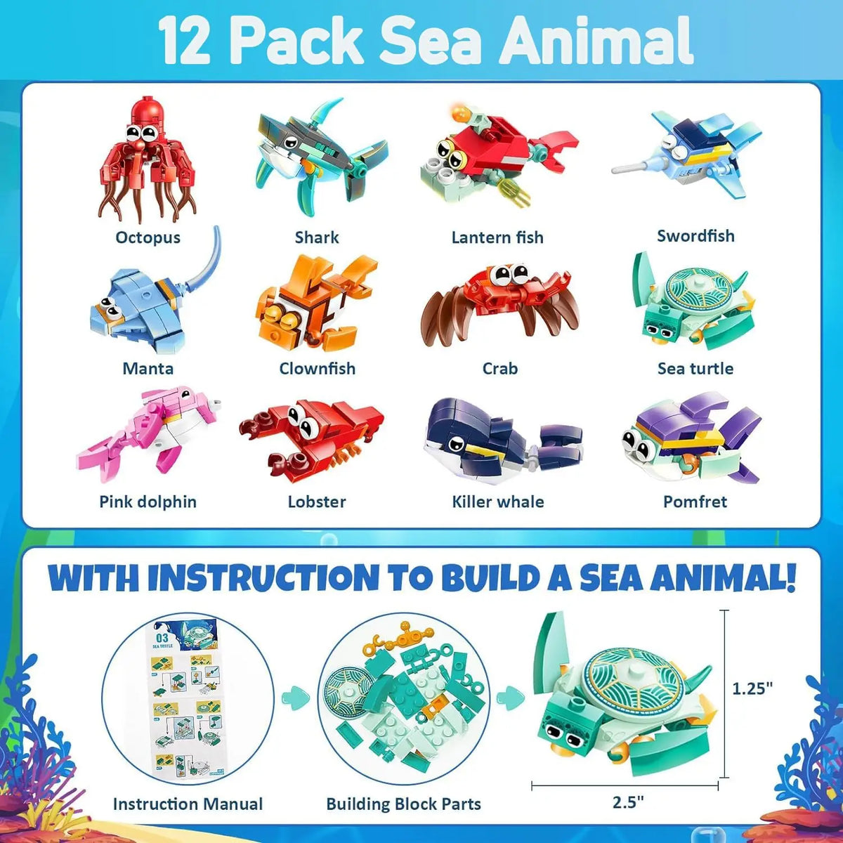 12 in 1 Pre Filled Marine Organism Building Block Set-12 Pcs Mini Building Blocks Toys, STEM Building Blocks Toys