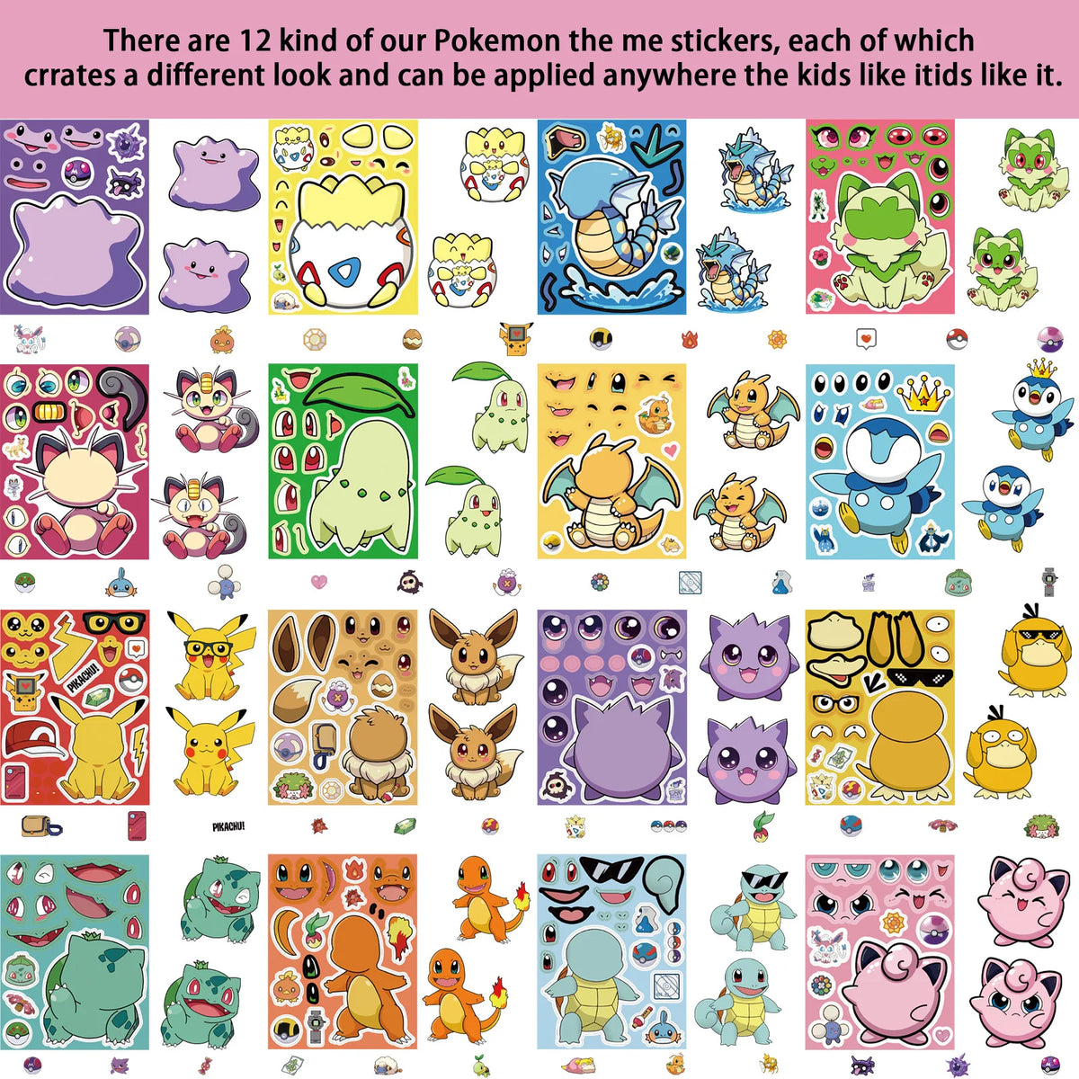 16Sheets Pokemon Make A Face Puzzle Stickers Pikachu Charizard for Kids Make Your Own DIY Game Children Cartoon Jigsaw Toys Gift