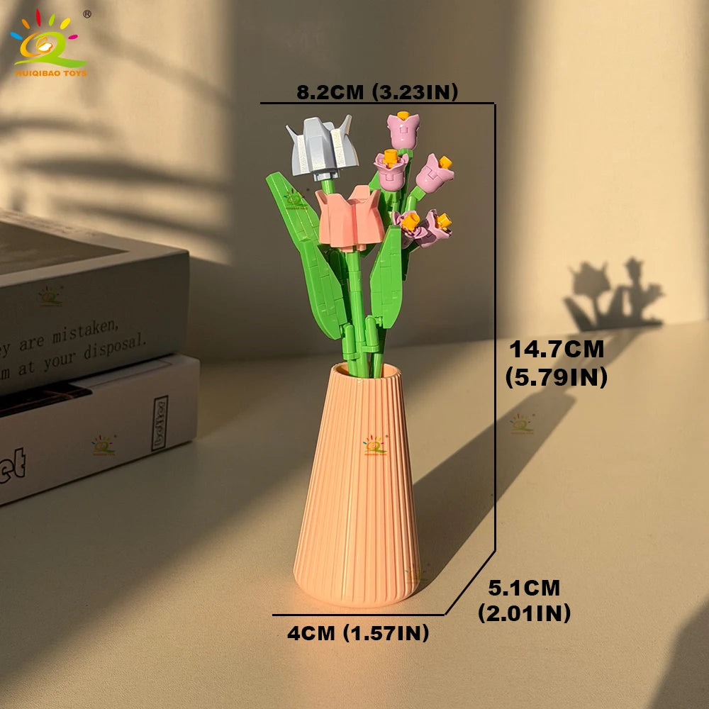 HUIQIBAO MOC Eternal Flower Bouquet with pot Micro Building Block Sunflower Rose Mini Model Brick Toy home Desk Decoration
