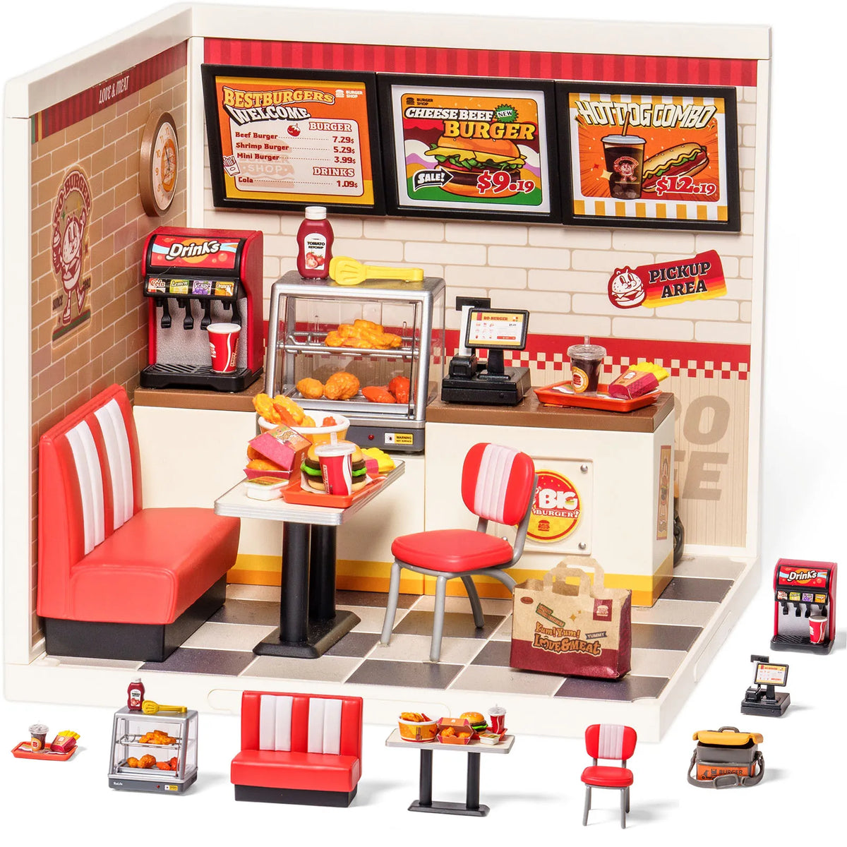 Rolife DIY Miniature House Kit Yum Yum Burgers Super Creator Dollhouse 3D Puzzle Model Building Kit with LEDLight for Desk Decor