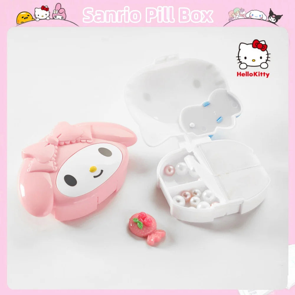 Genuine Sanrio Pill Case Cute Hello Kitty Melody 4 Grids Tablets Organizer Portable Outdoor Travel Home Use Vitamins Storage Box
