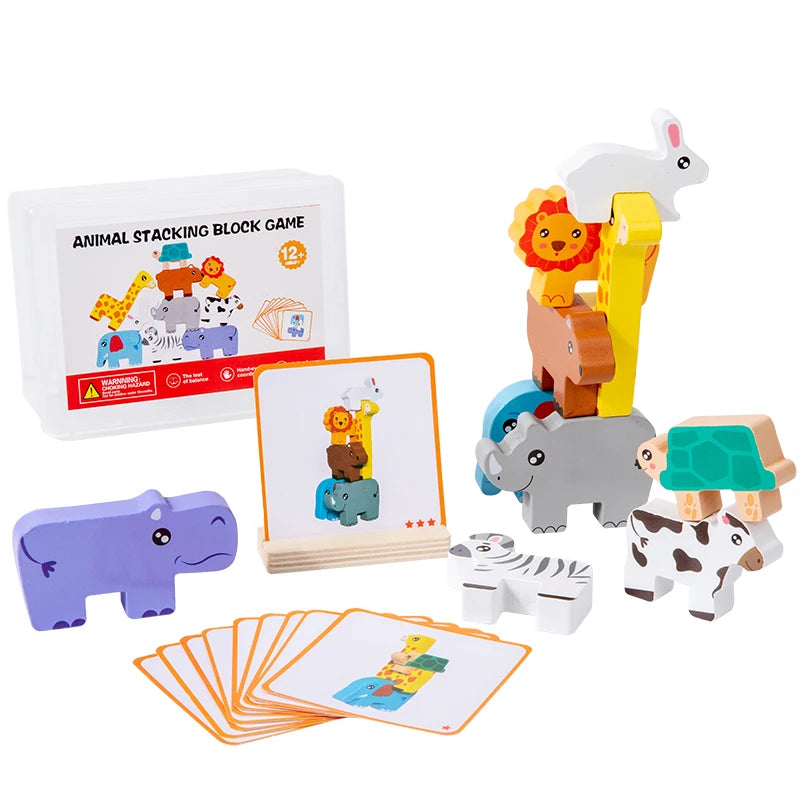Wooden Animal Stacking Block Game Shape Matching Puzzle Balance Toy Montessori Fine Motor Training Educational Toys For Children