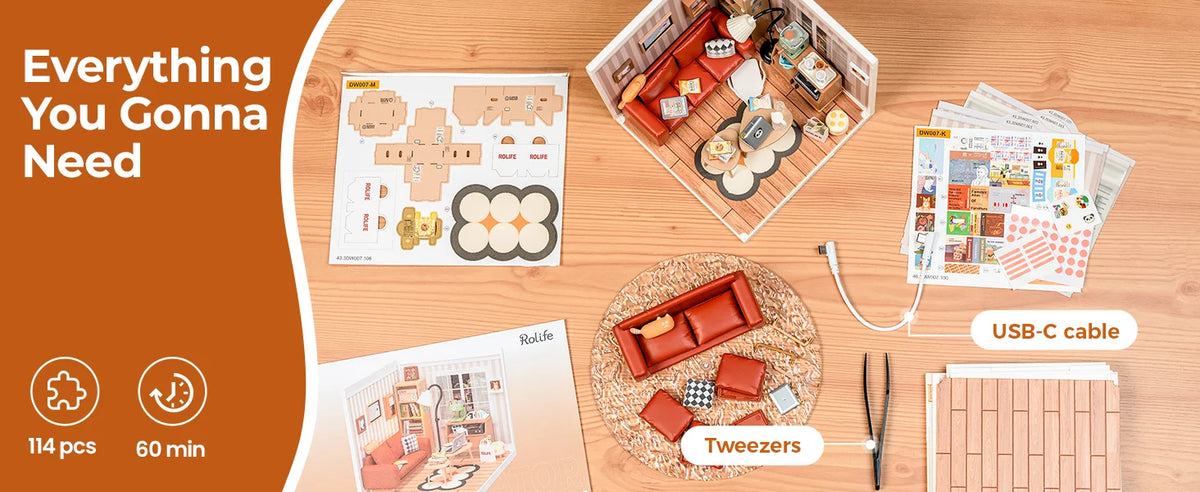 Rolife DIY Miniature House Kit Cozy Living Lounge Super Creator Dollhouse 3D Puzzle Model Building Kit with LED for Home Decor