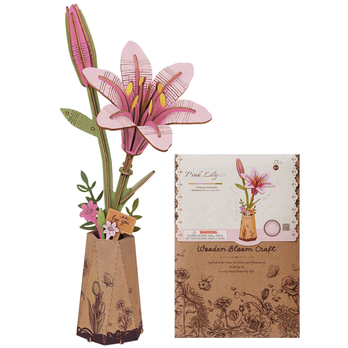 Rolife Artificial Flower Wooden 3D Puzzle Pink Lily DIY Flower Bouquet Model Building Kit for Home Decor Mother's Day Valentine's Day Gift for Mother Lover