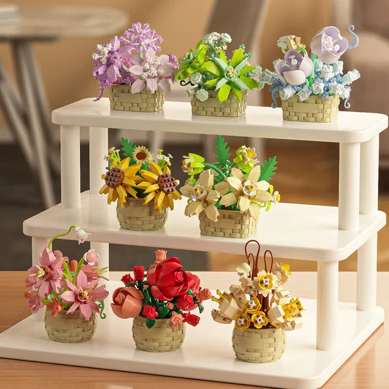 DIY MOC Potted Rose Sunflower Plants Succulents Bonsai Tree Gardens Romantic Building Blocks Model Bricks Kid Sets Kits Toy Girl