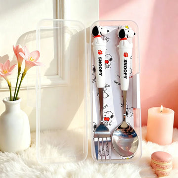 Kids Funny Fork Spoon Set Peanuts Snoopy ABS Handle Stainless Steel Tableware Set Fork Spoon With Box House Stuff Kids Gifts