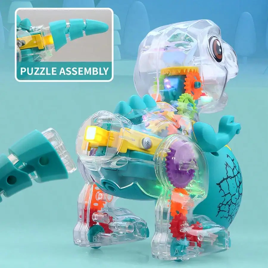Electric Dinosaur Toy Car for Kids Robot Pet Universal Wheel Bump and Go Swing Toy Transparent Gear with Lights and Music