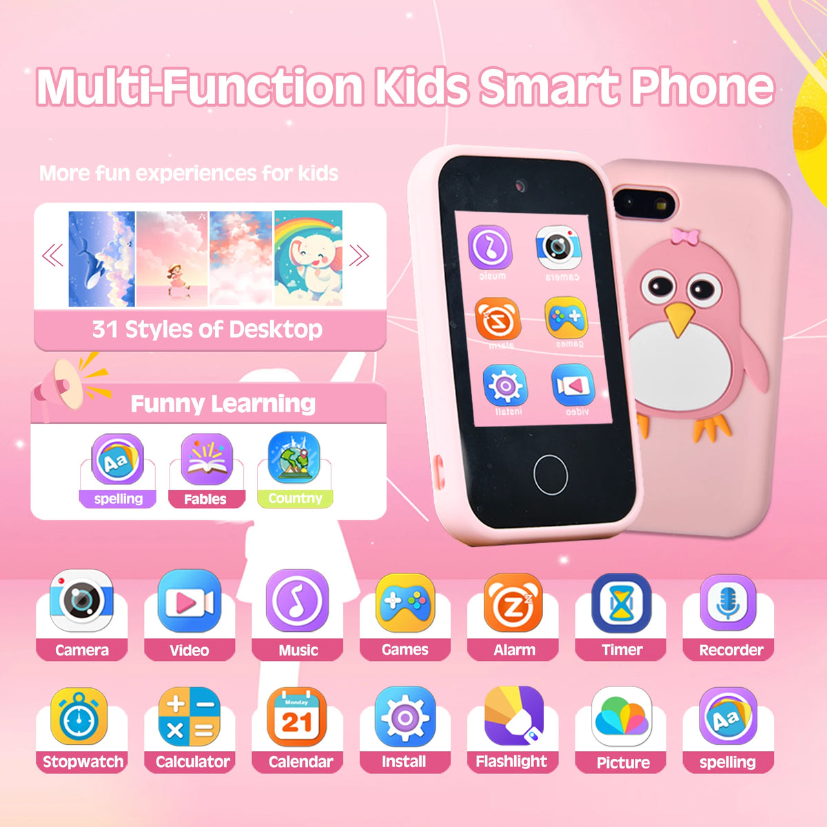 Kids Smart Phone Camera Toy Phone 40+ Games Touch Screen Learning Toy For 3-12 Year Old Boys Girls MP3 Player Birthday Gifts