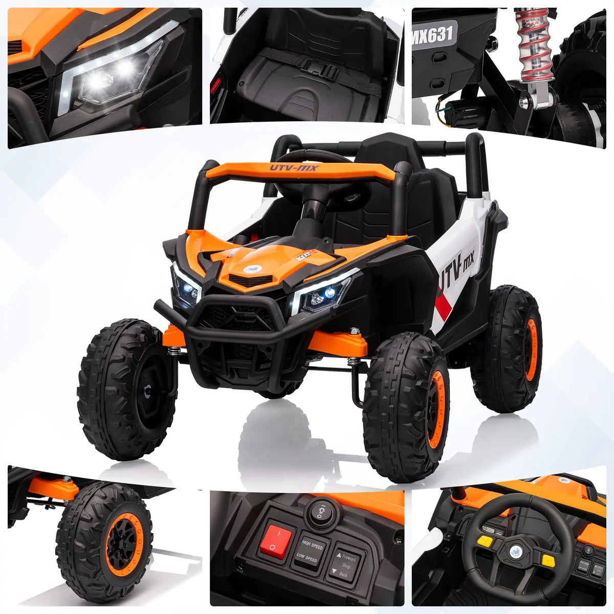 12V Kids Ride On Car UTV Truck With Remote Control 4WD/2WD Switchable Electric Vehicle With 4 Spring Suspension EVA Tires Safety Belt Double Open Doors Bluetooth Music LED Lights for Ages 3-8 Years