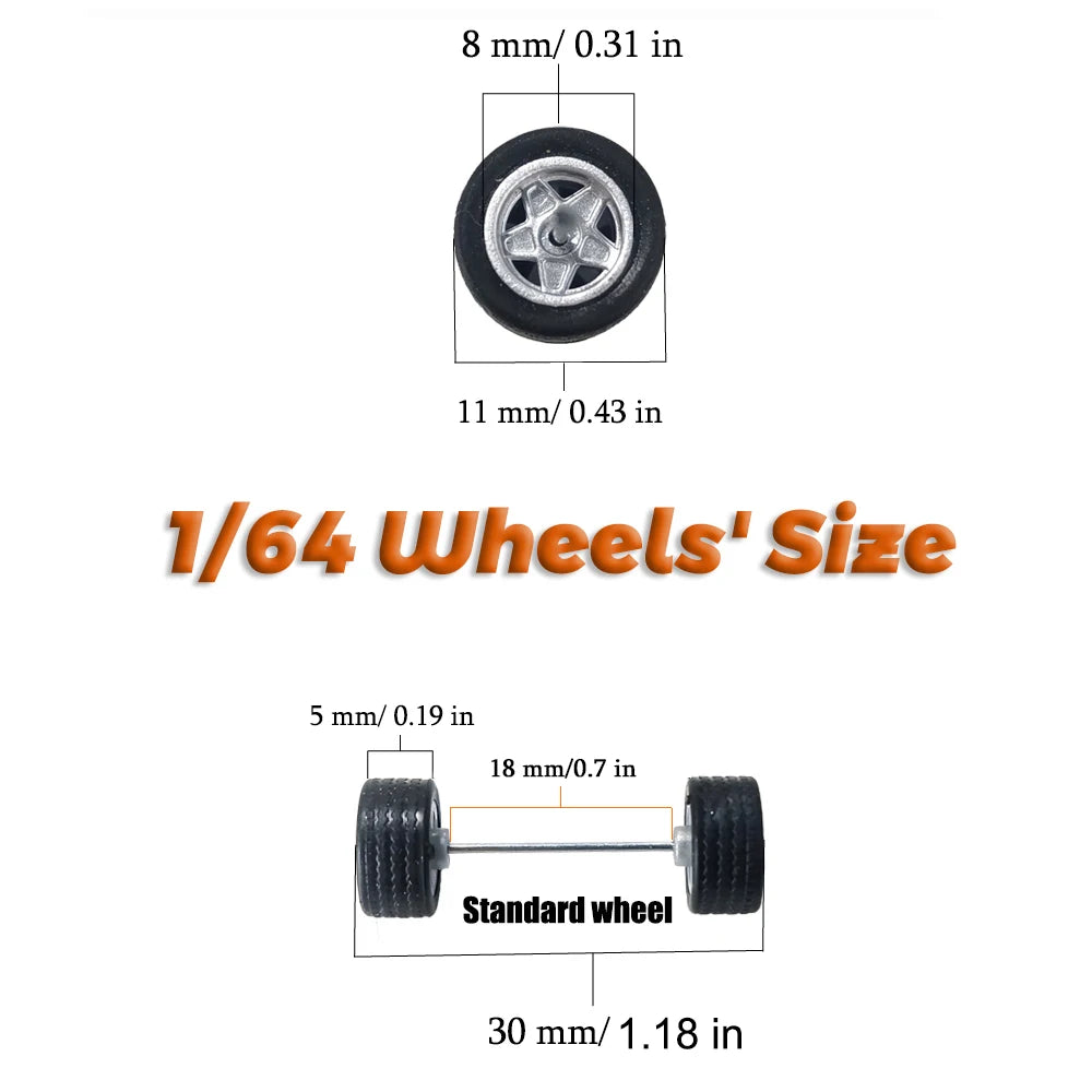 1/64 Wheels with Fixed Black Rubber Tires Six Spoke for Toy Model Diecast Cars Refitting Parts for MINIGT (5 Sets for 5 Cars)