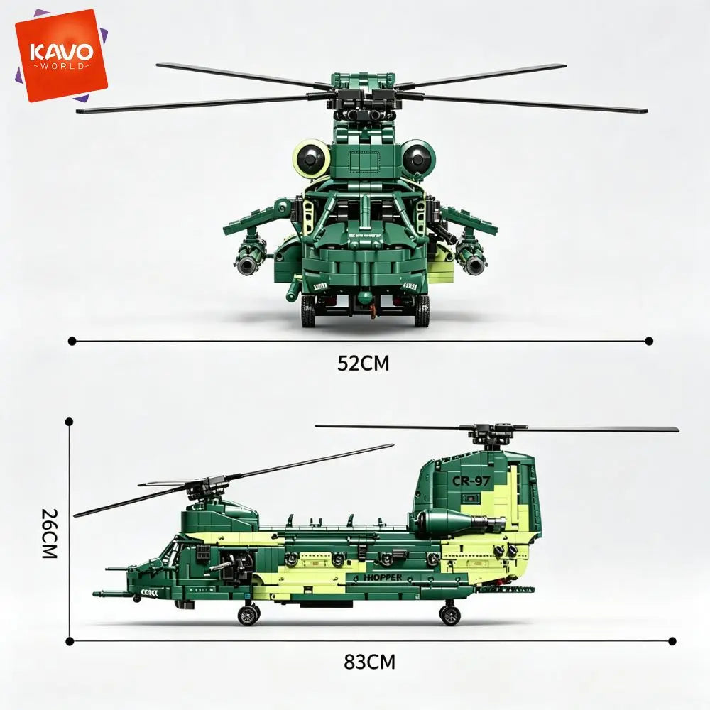 KAVOWORLD Tandem Rotor Helicopter Building Blocks 1826pcs Heavy Transport Army Aircraft Construction Bricks Model Chinook Chopper Building Kit Helicopter Toy Airplane Brick Set Rotating Propellers Cargo Ramp Rollable Wheels D