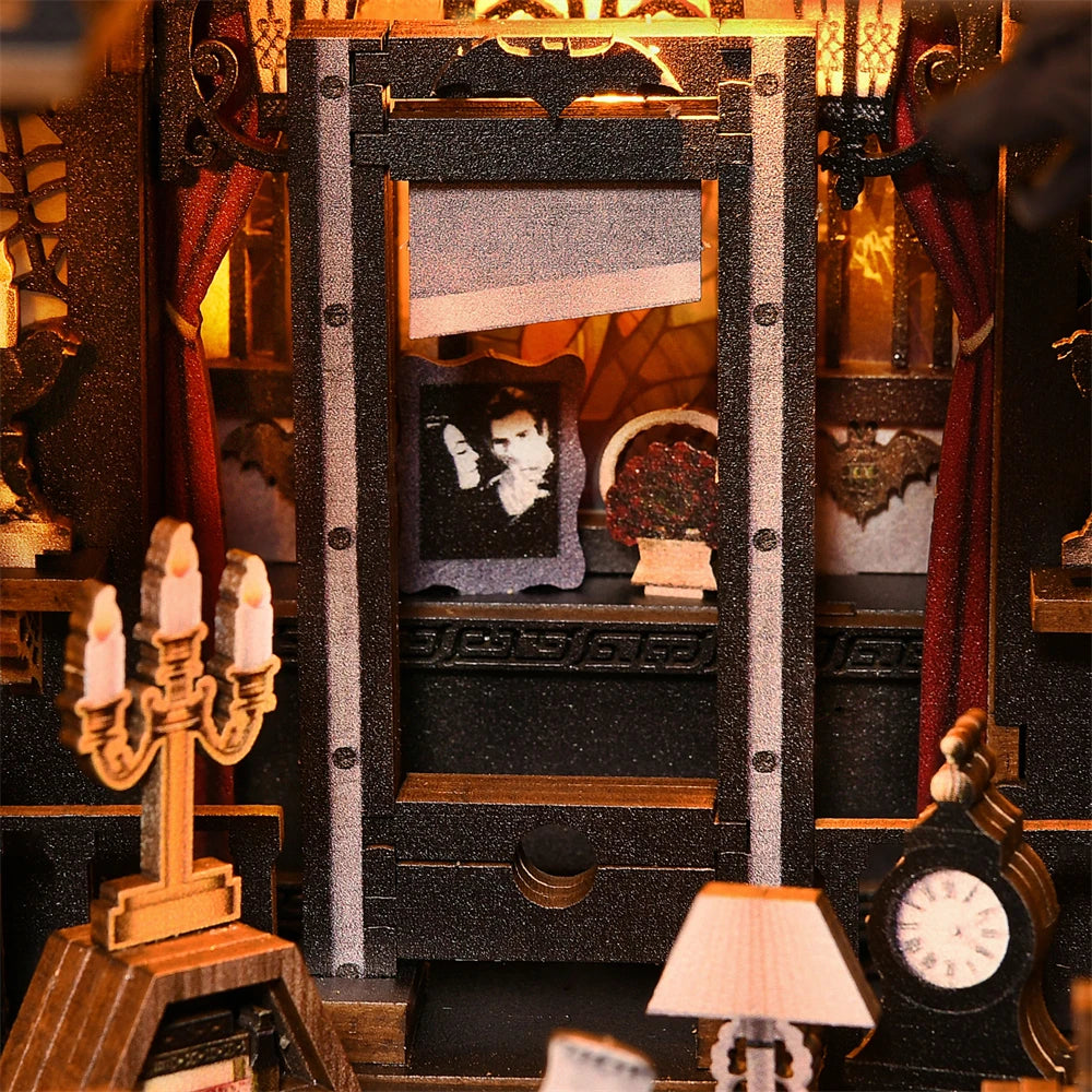 Book Nook Kit Dark Family DIY Wooden Puzzle Gothic Style Halloween Bookshelf Dollhouse Model Bookend Building Home Decoration