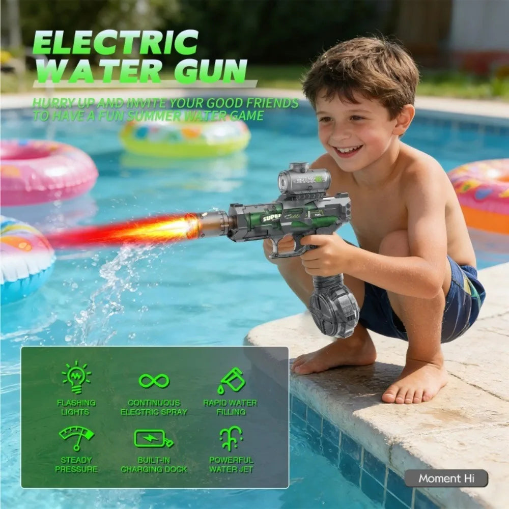 Full Auto Electric Water Gun Toy with Flashing Light Rapid-Fire Motorized Blaster for Summer Outdoor Fun & Kids Play Game