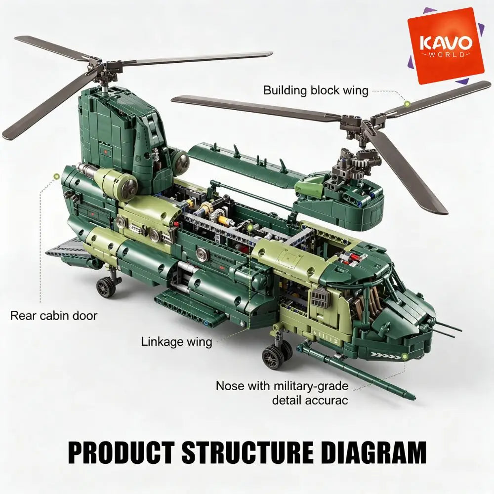 KAVOWORLD Tandem Rotor Helicopter Building Blocks 1826pcs Heavy Transport Army Aircraft Construction Bricks Model Chinook Chopper Building Kit Helicopter Toy Airplane Brick Set Rotating Propellers Cargo Ramp Rollable Wheels D