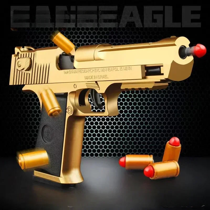 WHContinuous Fire Toy Gun Desert Eagle Mechanical Pistol Shell Ejection Decompression Toy Empty Hanging Soft Bullet Toy Gun Gift