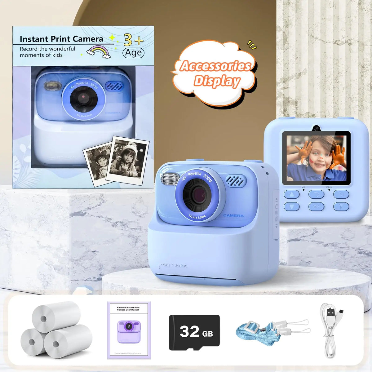 Kids Digital Camera 1080P Vedio Thermal Instant Print Camera With 32G For Girls Boys Age 3-12 Best Christmas Birthday Gifts