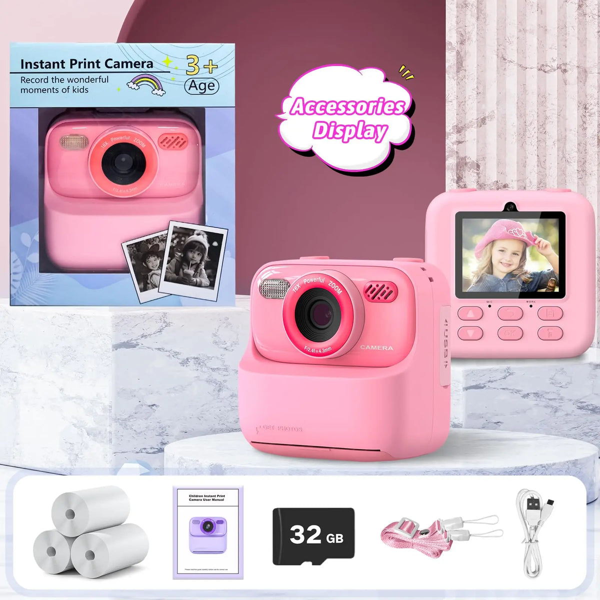 Kids Digital Camera 1080P Vedio Thermal Instant Print Camera With 32G For Girls Boys Age 3-12 Best Christmas Birthday Gifts