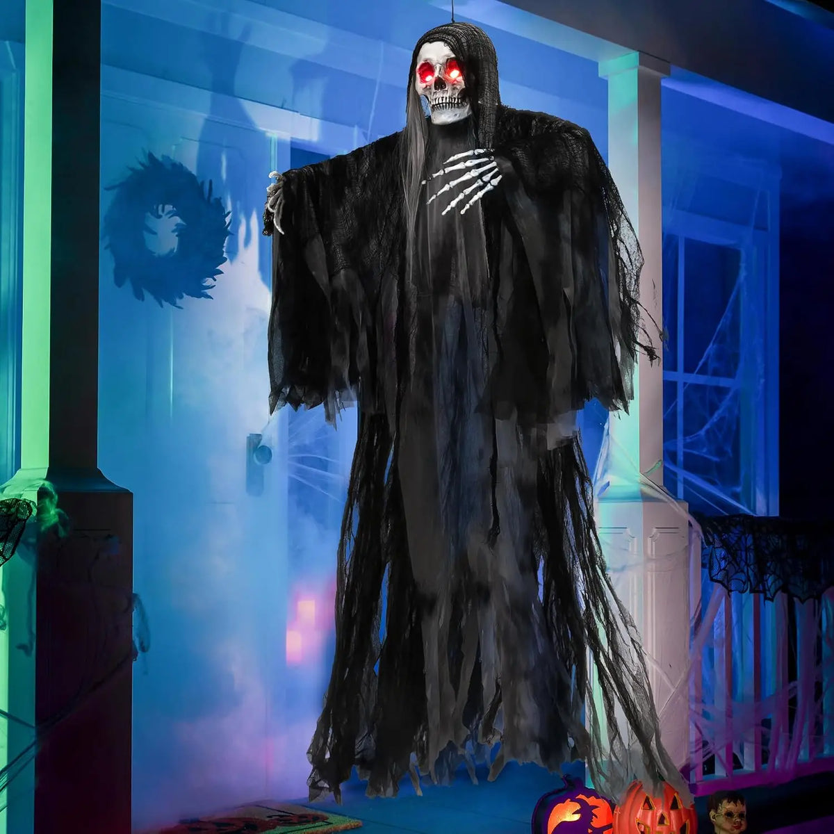 72" Animatronics Witch Outdoor Halloween Decorations with Cane Life Size Animated Ghost Haunted House Prop Décor with Creepy Sound and Light-up Eyes, Party Supplies
