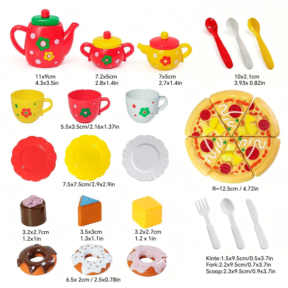27 pieces of little girl tea party set, simulation kettle set, princess tea time toy kitchen with teapot and cup, donut pizza,