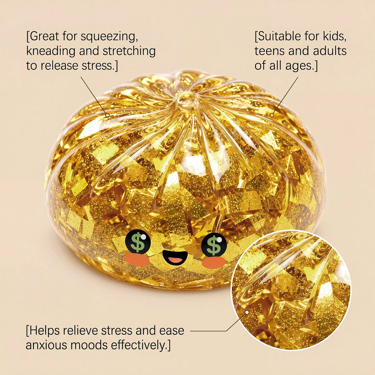 1/2pcs Cute Golden Steamed Bun Squishy Fidget Toy, Sparkly Gold Flakes, Soft  Squeezable Anti-Anxiety Sensory Toy, Stress Relief
