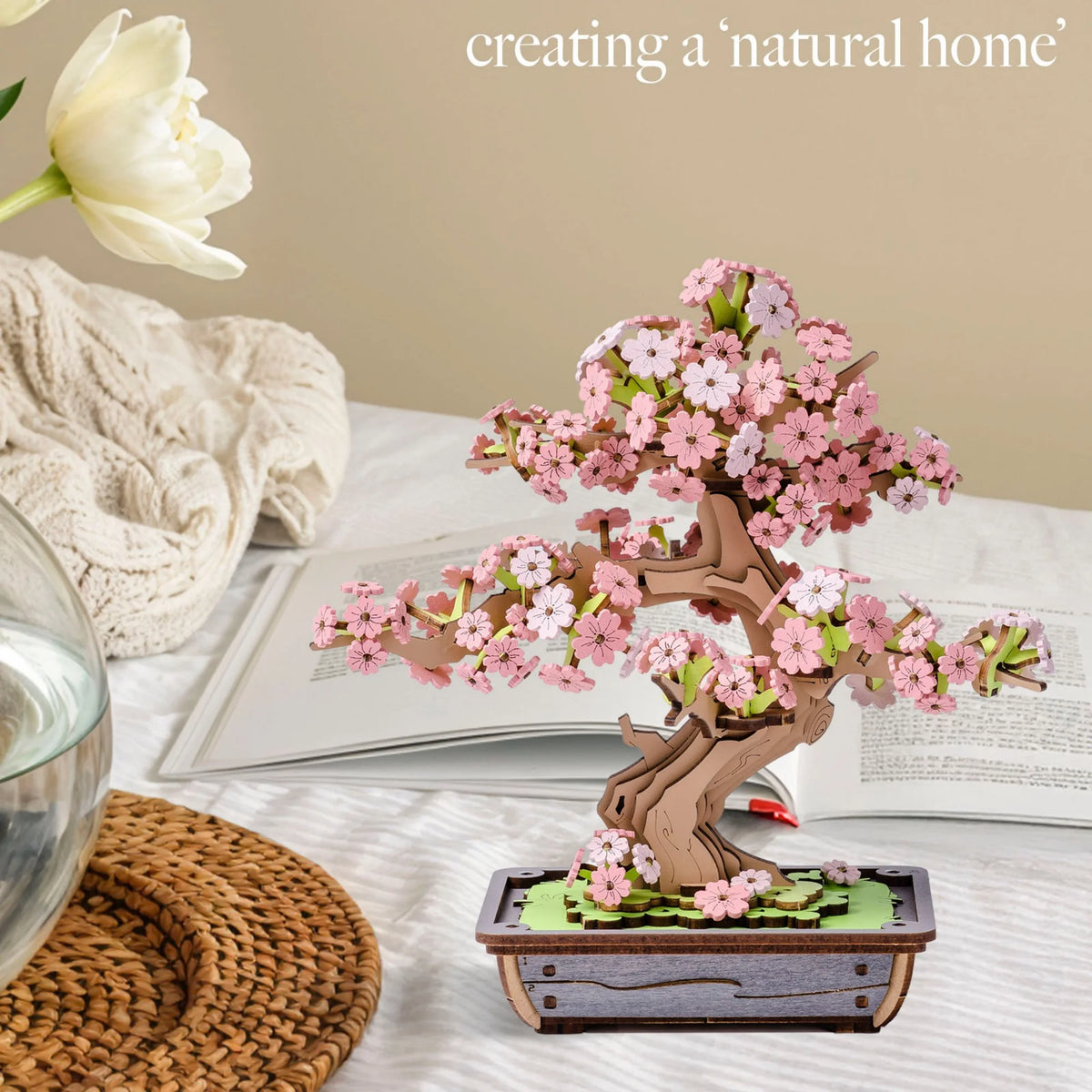 Rolife DIY Wooden 3D Puzzle Sakura Bonsai Model Building Kit for Home Decor Christmas Birthday Gifts for Adults Kids Friends